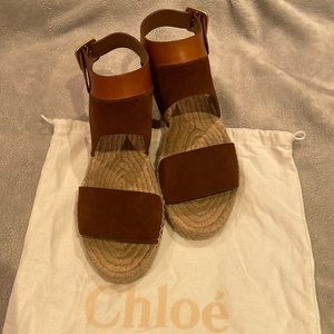 Chloé, cognac, suede and leather sandle/espadrilles. Size 9.